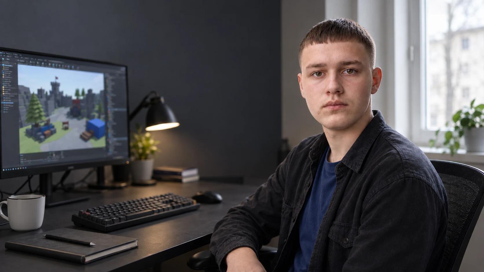 AI-assisted editorial scene of Pavlo Ishchenko at a game-development desk